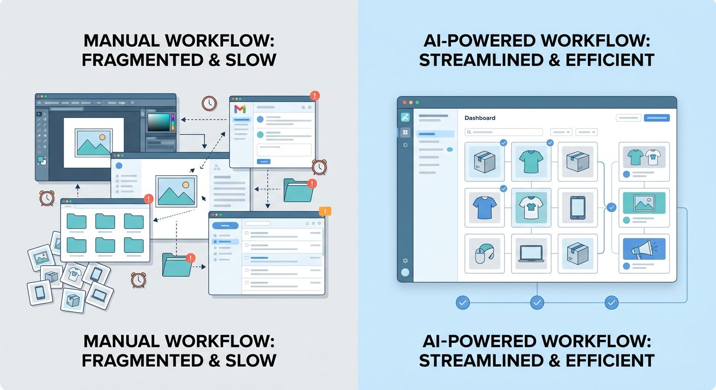 Traditional mockup workflow compared with connected AI mockup generator workflow for campaign assets