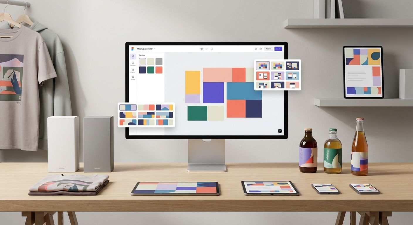 AI mockup generator creating campaign-ready ad creative across product packaging, apparel, devices and social formats