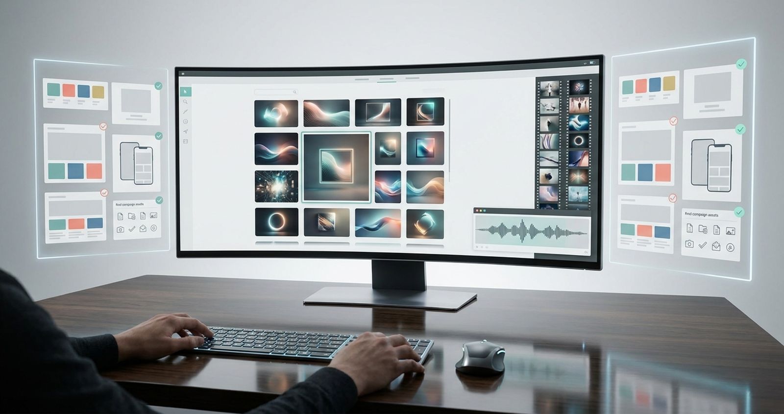 Campaign-ready AI creative stack with image, video, audio, mockup and design panels