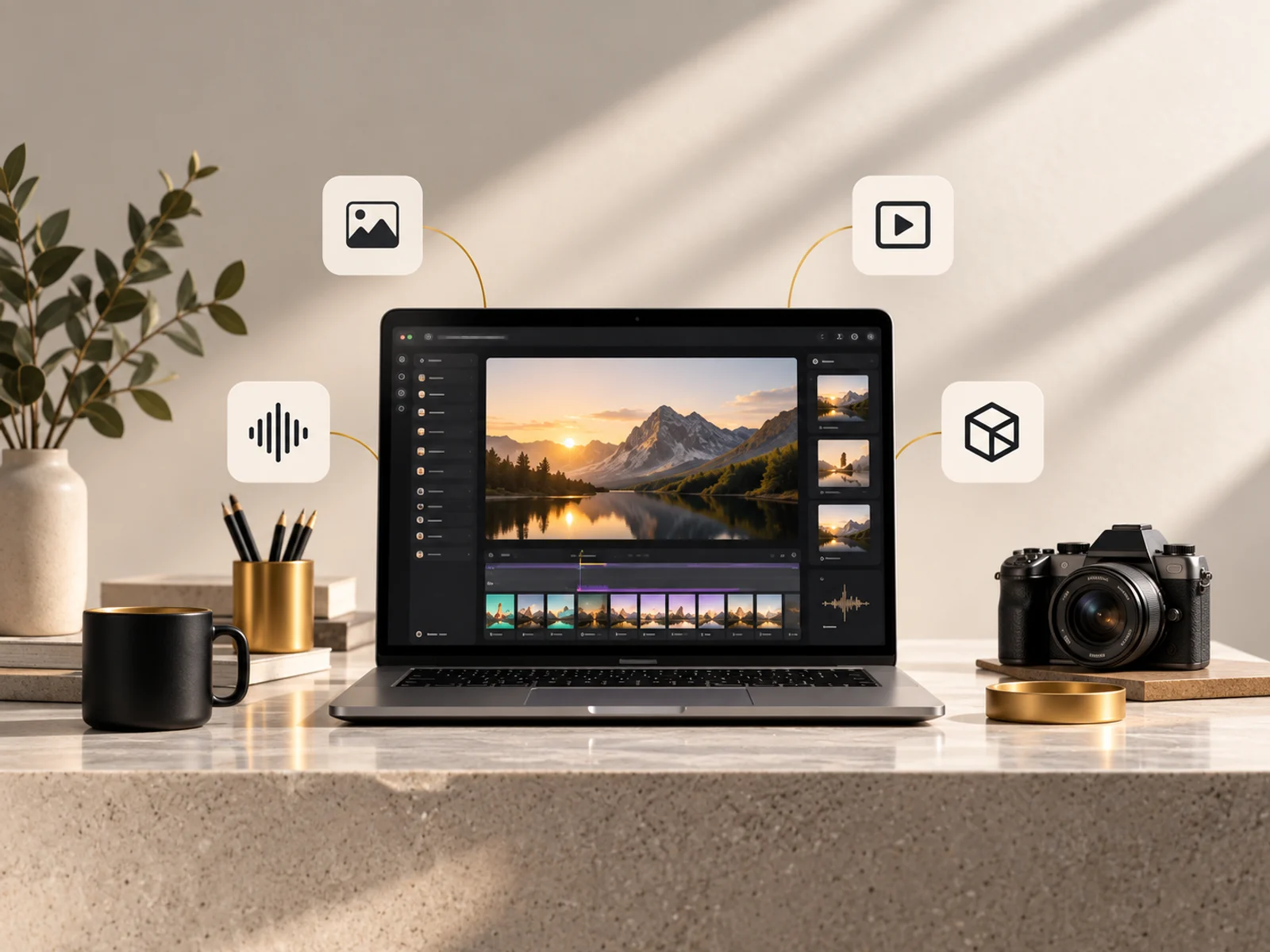 Keter Labs editing a generated landscape image, with video timeline and audio waveform